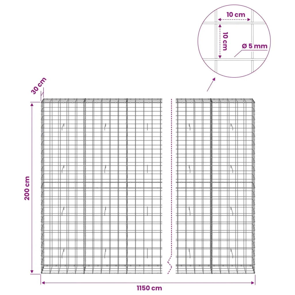 Gabione con Filo da 5 mm e Rete da 10x10 cm 1150x30x200 cm 3465185