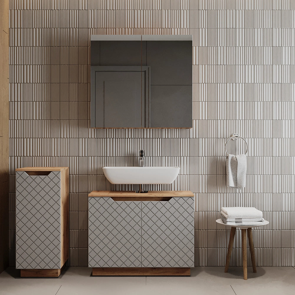 Vicco Set di mobili da bagno Rovere/grigio con struttura in piastrelle 3 parti