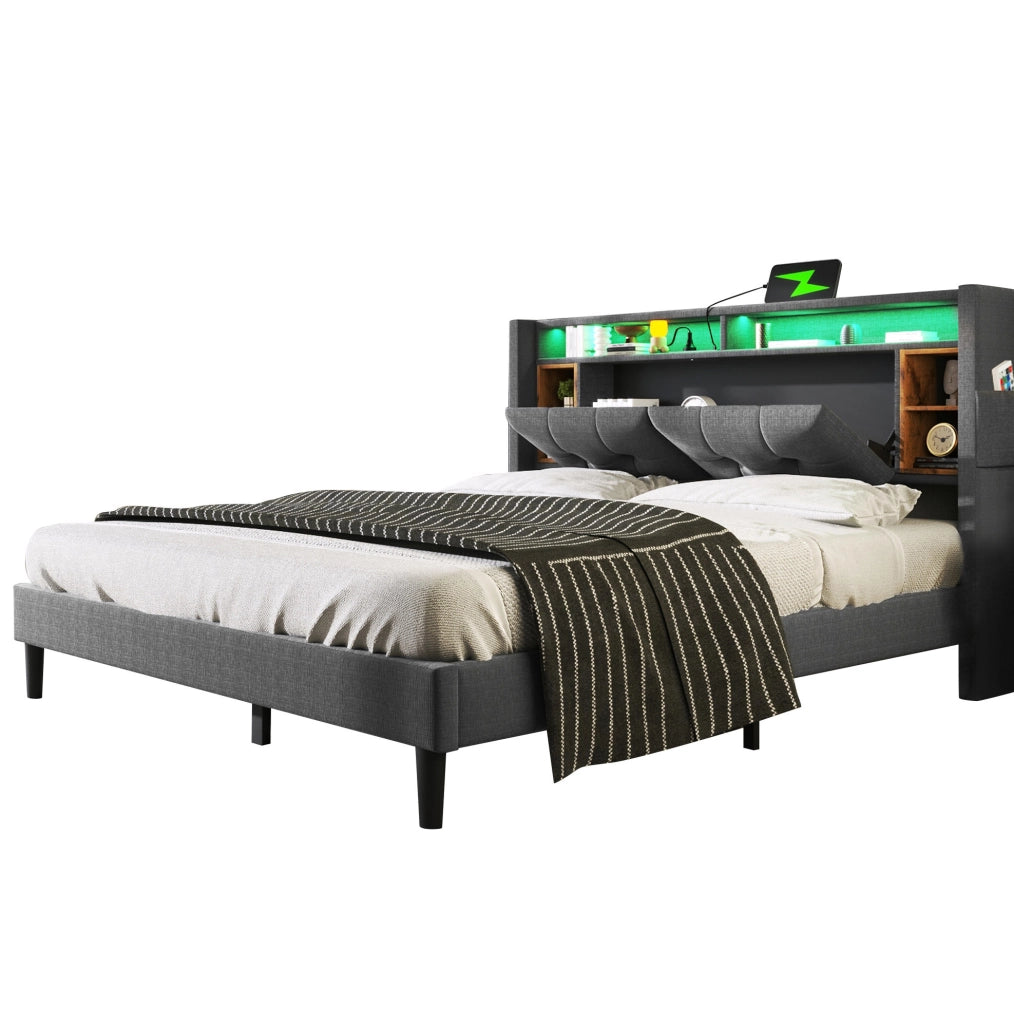 Letto imbottito 140x200 cm con contenitore; LED; USB e prese; grigio