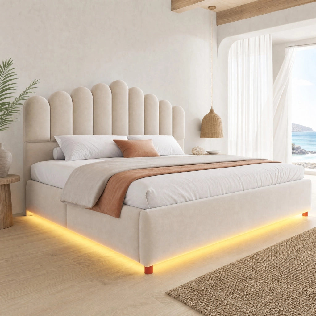 Letto matrimoniale imbottito con contenitore 180x200 cm in velluto beige; con LED e testiera comfort