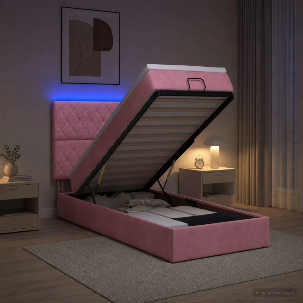 Letto Ottomano con Materasso e LED Rosa 80 x 200 cm Velluto 3458198