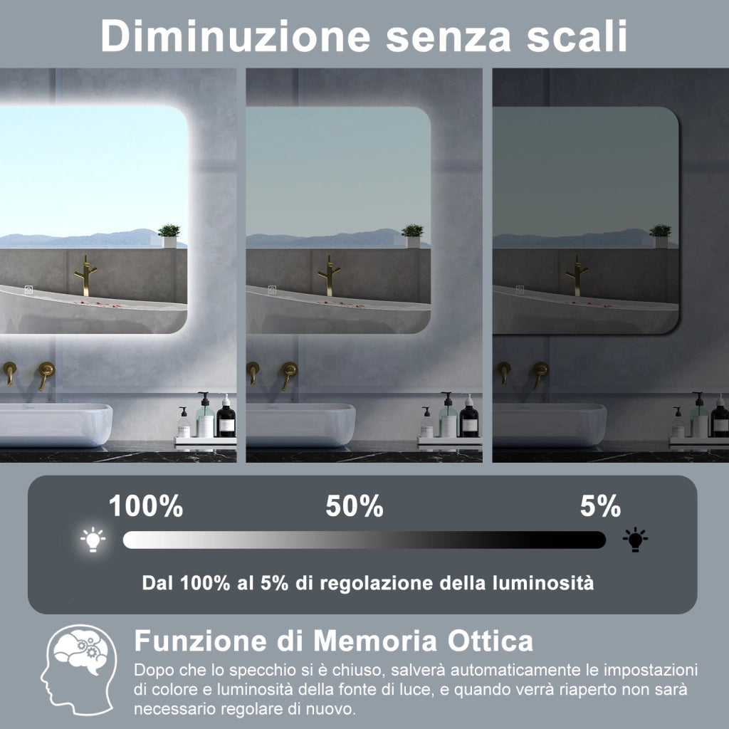 Specchio da bagno Rettangolare con 100x60cm,Memoria,Regorabile,Retroilluminato,doppio interruttore,HD temperato