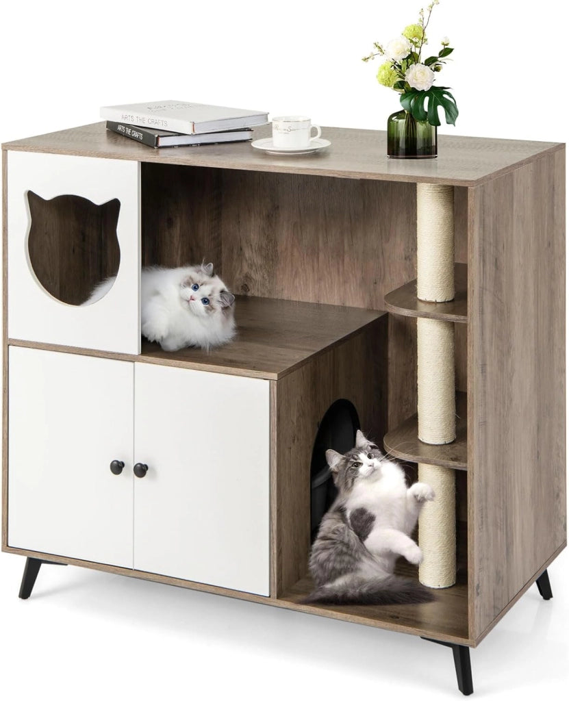 Mobile per Lettiera per Gatti, Cassetta per Gattini con 3 Pali in Sisal per Grattare, Comò per Gattini e 5 Gambe di Supporto in Metallo, Cuccia per Gatti da Interno, 100 x 51 x 91 cm