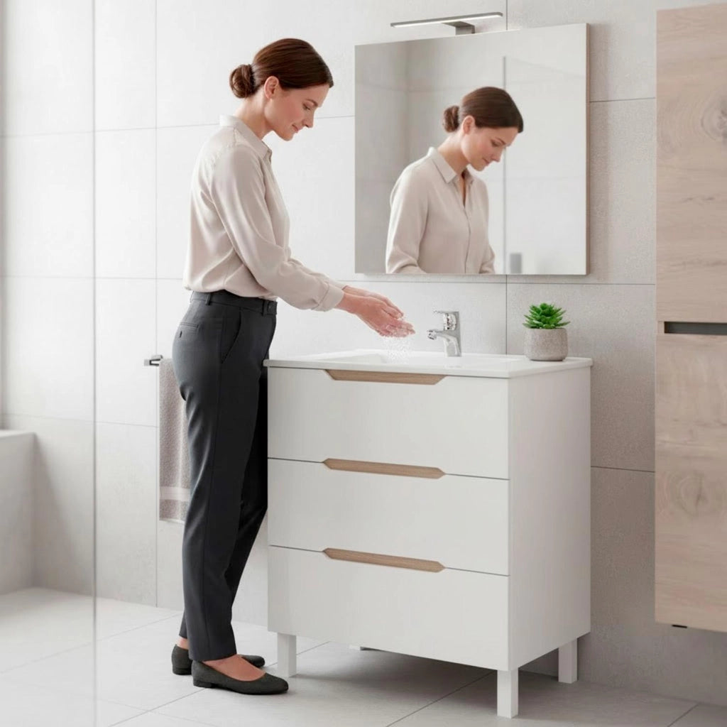 Mobile Bagno A Terra Con 3 Cassettoni Soft Close E Lavabo In Ceramica Monoforo Con Troppopieno Incluso Mobiletto Design Moderno Ed Elegante Salvaspazio 80 x 45 x 86 Cm Colore Bianco