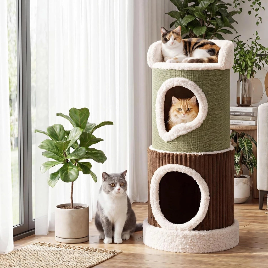 Tiragraffi per Gatti a 2 Livelli, Cuccia Cilindro in Velluto Morbido con Trespolo Superiore, 2 Casette Spaziose e Base Rotonda Rimovibile, Centro Attivitàper Gatti, 41 x 41 x 85 cm