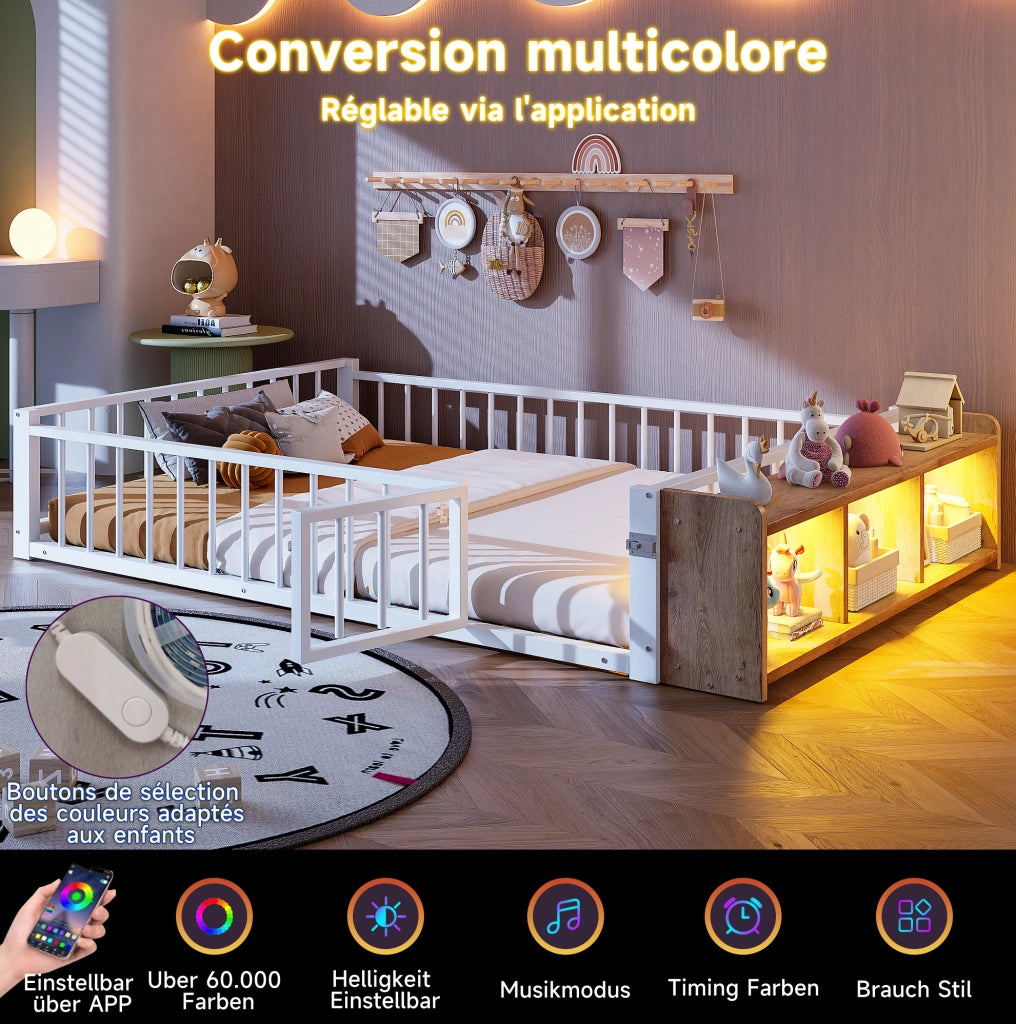 Letto per bambini ULEVR 140x200 cm con sponda di sicurezza, vano aperto e LED, metallo e MDF bianco