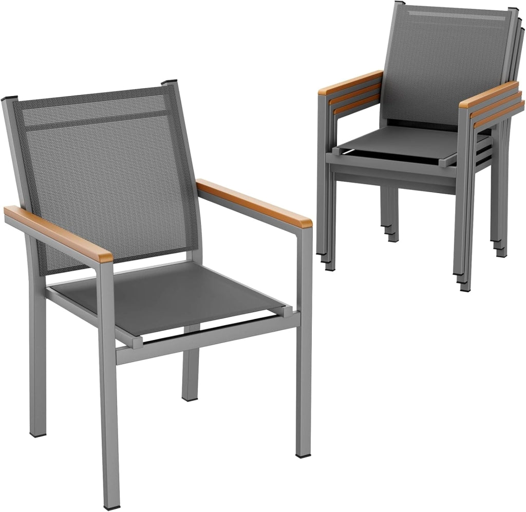 Sedie Da Giardino set da 4, Sedia impilabile per sala da pranzo in alluminio, Corrimano in WPC, Sedie Da Esterno Per Esterni, per terrazza, balcone, terrazza, piscina, ristorante, Nero