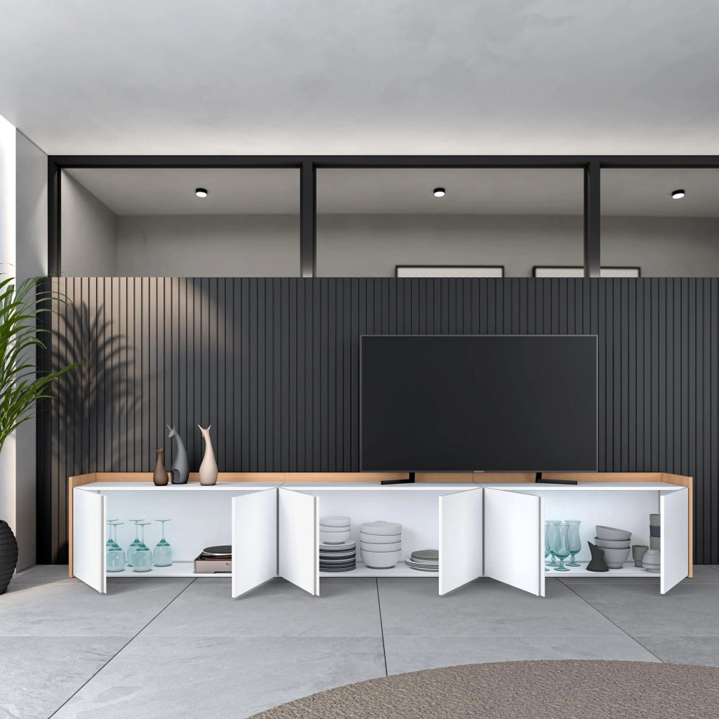 Mobile TV Soggiorno, 309x50x35 cm, Per TV fino a 80", Mobile Soggiorno, Bianco e Rovere soft