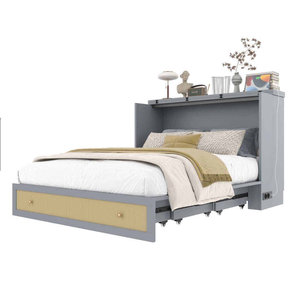 Letto a scomparsa con cassetti e ripiano, 140 x 200 cm, grigio