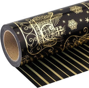 Papel da carta per decorare natalizie - Rotolo mini - 43,2 cm x 10 m - Disegno di slitta natalizia e strisce con effetto luccicante in oro e nero per festa di Natale