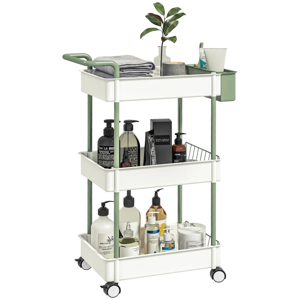 Carrello 3 Ripiani con Cesto Appendibile ¨C zephmum ¨C Bianco Metallo 50x30x77 cm