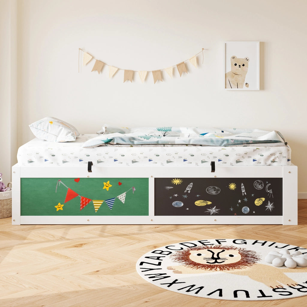 Letto per bambini 90x200 cm con contenitore idraulico; lavagna e pannello in feltro bianco