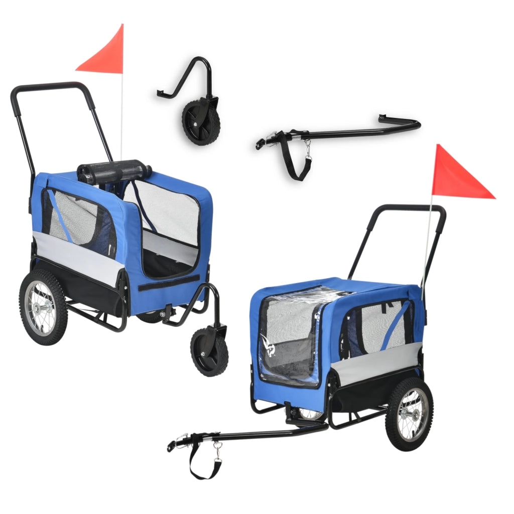 Rimorchio per bicicletta per cani e altri animali con ruota anteriore catarifrangenti e bandiera rossa gancio di traino capacità di carico 20 kg 143 x 67 x 96 cm acciaio PVC e poliestere blu grigio nero 03_0005987