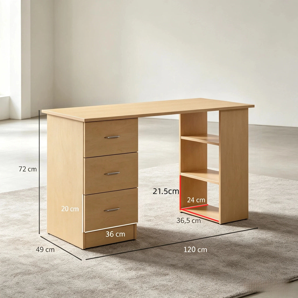 SCRIVANIA con 3 cassetti e 3 ripiani aperti 120x49x72 cm Legno chiaro