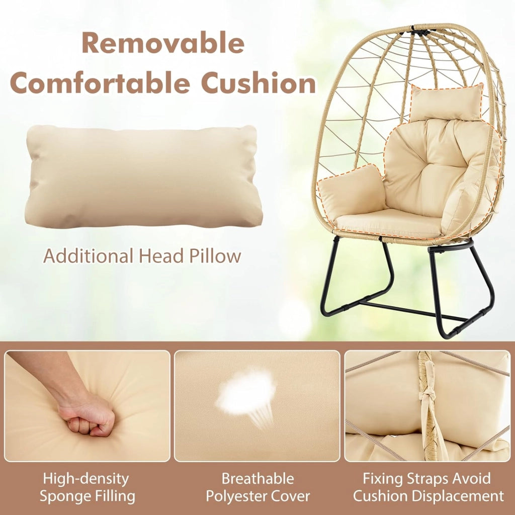 Sedia a Uovo in Vimini PE, Sedia da Giardino con Comodi Cuscini e Telaio Metallico Resistente, Capacità di Carico di 150 kg, Perfetta per Interno ed Esterno, Beige, Grigio (Beige)