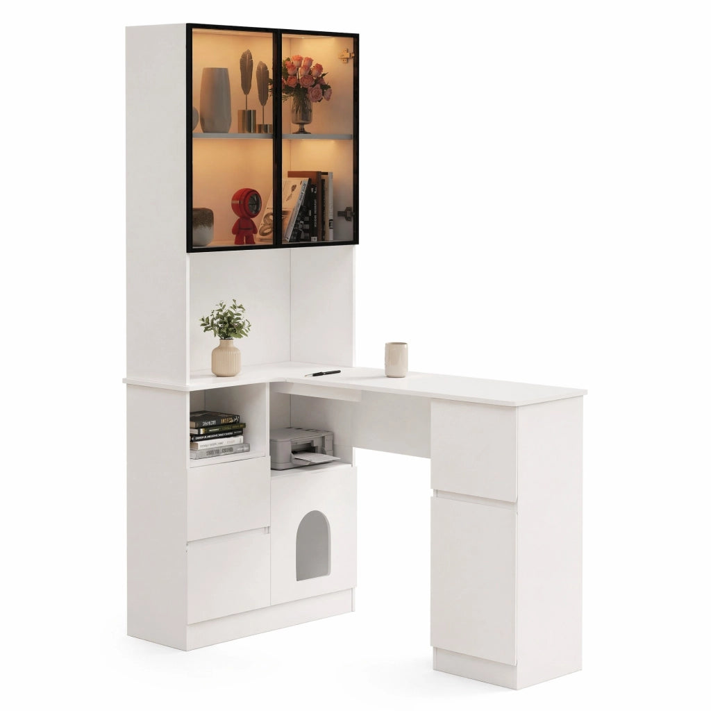 Scrivania angolare con libreria e vetrina LED 120×80×180 cm, bianco, MDF