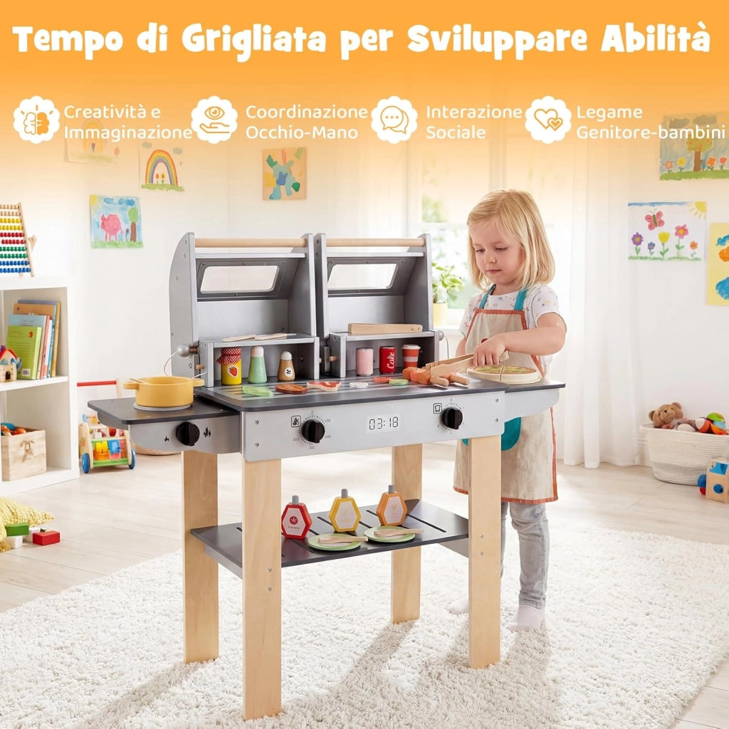 Set di Gioco per Barbecue in Legno per Bambini, Gioco di Griglia per Bambini con 2 Grill, Coperchi Ribaltabili, Ricchi Accessori e Cibi Giocattolo, per Bambini 3+ Anni