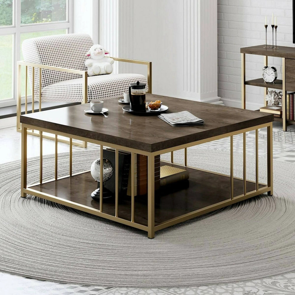 Tavolino da salotto Raiden, Tavolo basso da caffè, Portariviste per divano, Ripiano da soggiorno, 90x90h40 cm, Noce e Oro