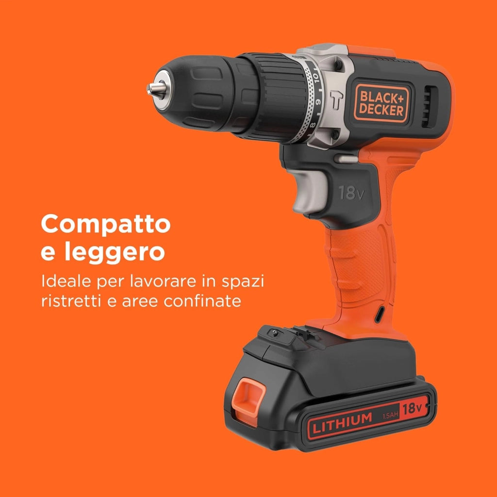 BLACK+DECKER Trapano a percussione a batteria da 18V a 2 velocità con due batterie da 1,5Ah e caricatore da 400mA, coppia di 45Nm, luce da lavoro a LED, BCD003C2K-QW