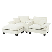 Divano modulare Cloud a forma di L in chenille beige con porta bicchieri, USB, pouf e cuscini