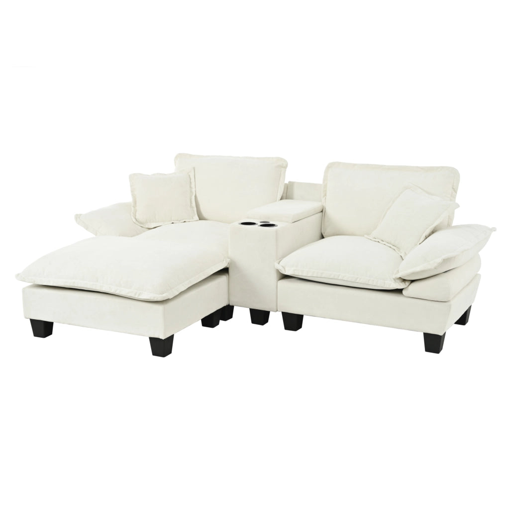 Divano modulare Cloud a forma di L in chenille beige con porta bicchieri, USB, pouf e cuscini