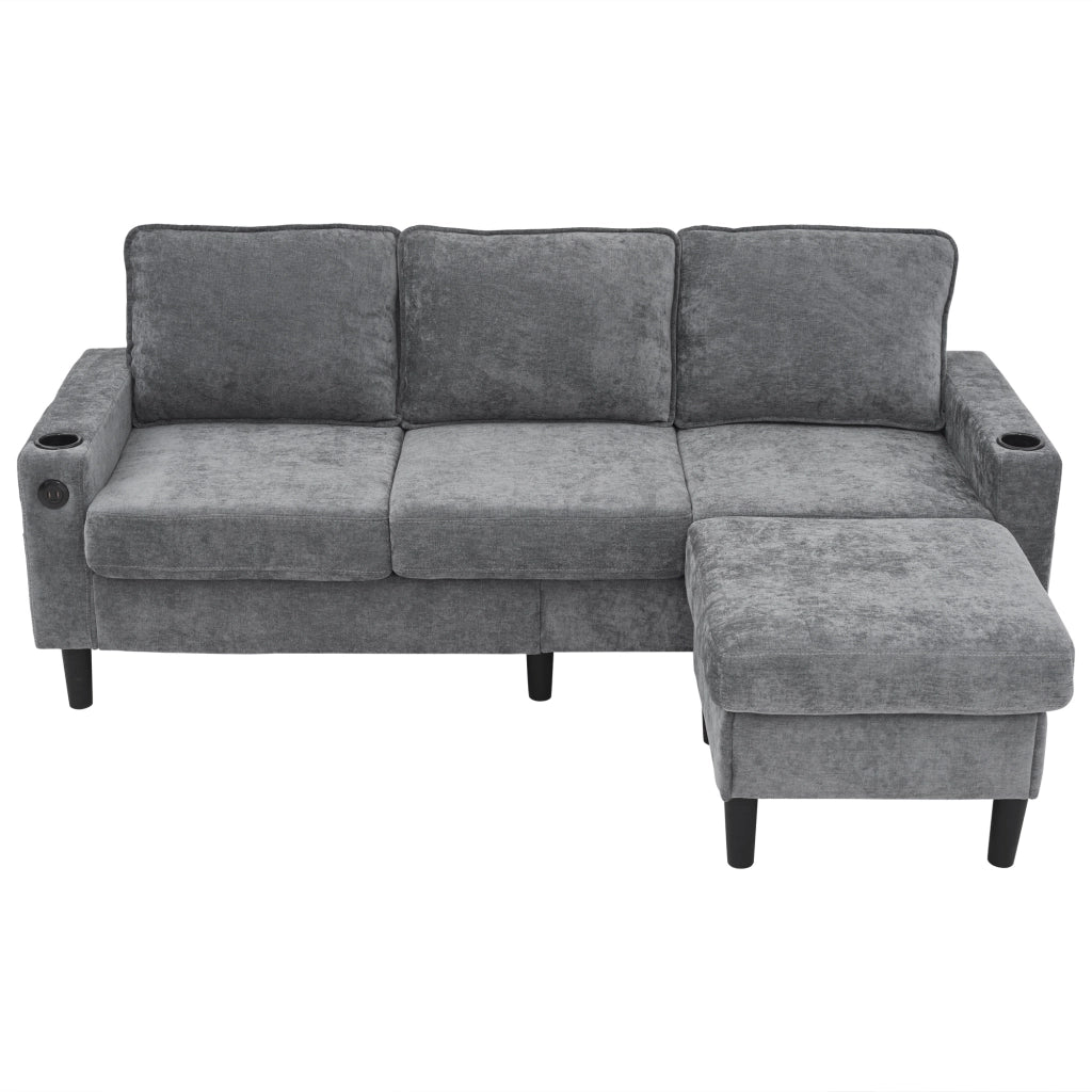 Divano ad Angolo con USB; Porta USB-C; 2 Portabicchieri e Poggiapiedi Modulare; in Lino Grigio; 202 × 137 × 80 cm