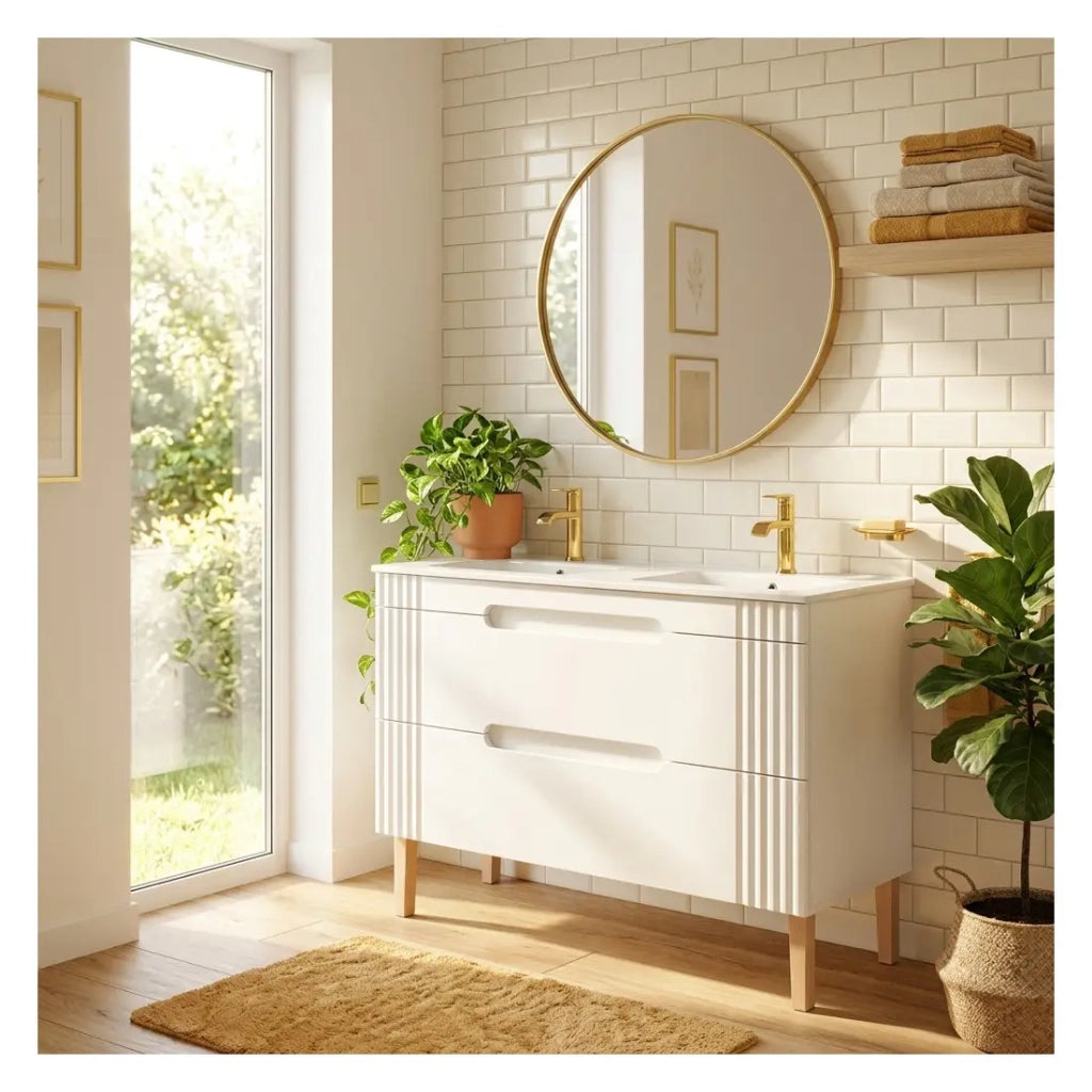 Set da bagno FIDJI: mobile sotto lavabo 120cm + doppio lavabo da incasso + 2 sifoni + piedi