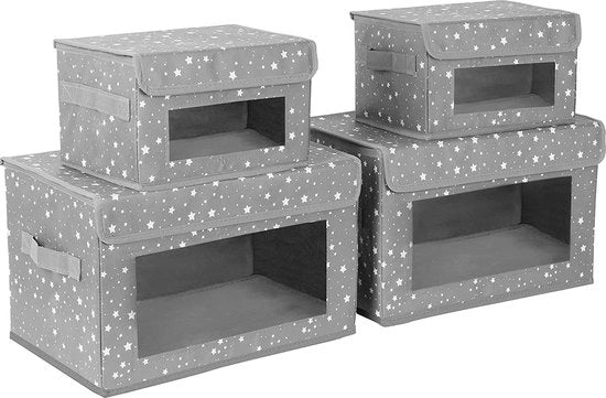 Cassa di stoccaggio tessuti con coperchio (4 pezzi) - cassa di stoccaggio per giocattoli pieghevole con coperchio, maniglie e finestre - sistema di stoccaggio per abbigliamento, armadio, camera da bambini e ufficio - 2 misure