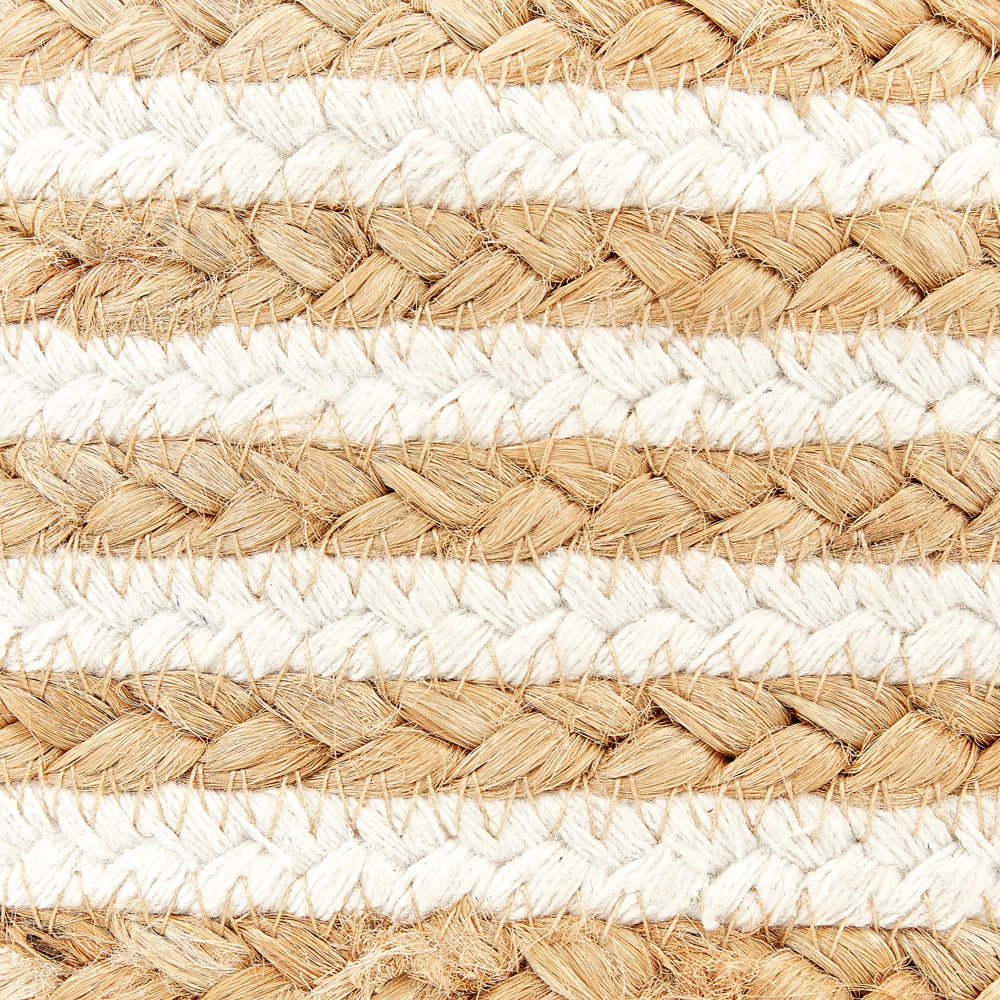 Pouf rotondo beige in iuta intrecciata con strisce bianche 40 x 40 cm stile boho camera da letto soggiorno