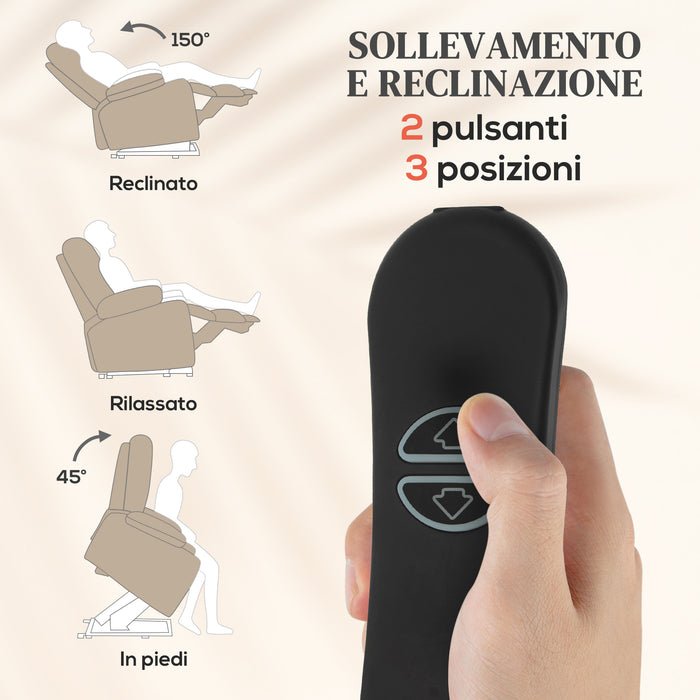 Poltrona Alzapersona Massaggiante e Reclinabile 93x104x105 cm con Telecomando in Tessuto Effetto Velluto Beige