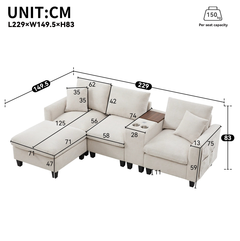 Divano angolare 229x149;5 cm beige in velluto a coste; console con USB