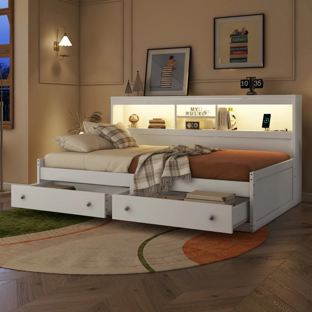 LETTO Daybed 90x200 cm con 2 cassetti, USB e LED Bianco