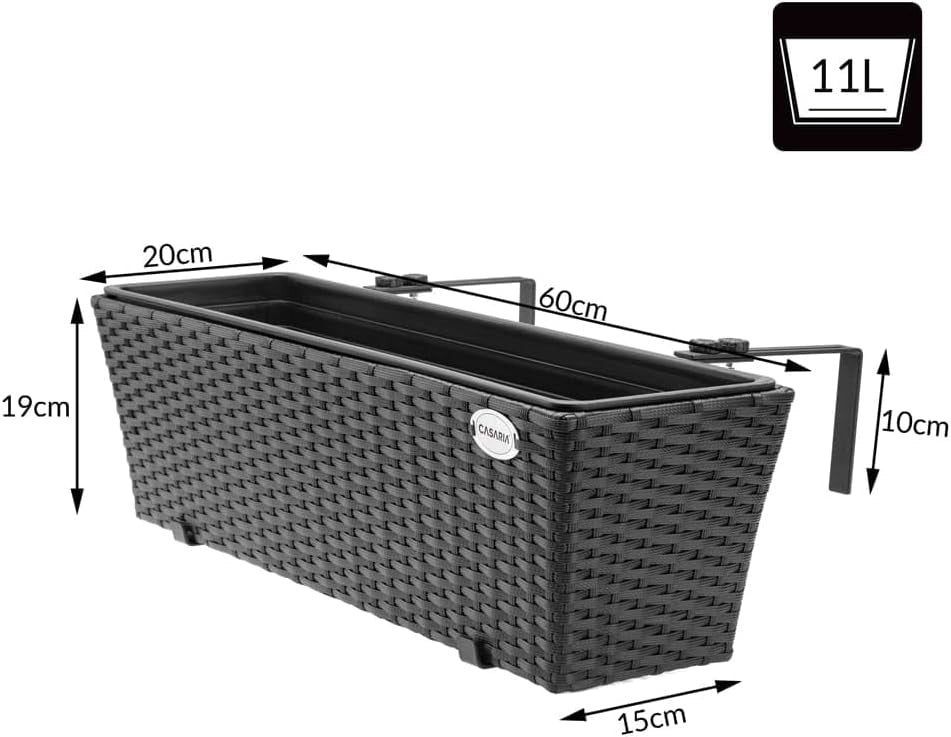 ® 2x Fioriera Balcone 60cm 11L Rattan Supporto Esterno Interno Resistente agli Agenti Atmosferici e ai Raggi UV Rimovibile Ringhiera Vaso Portafiori Rettangolare Fiori Piante Nero