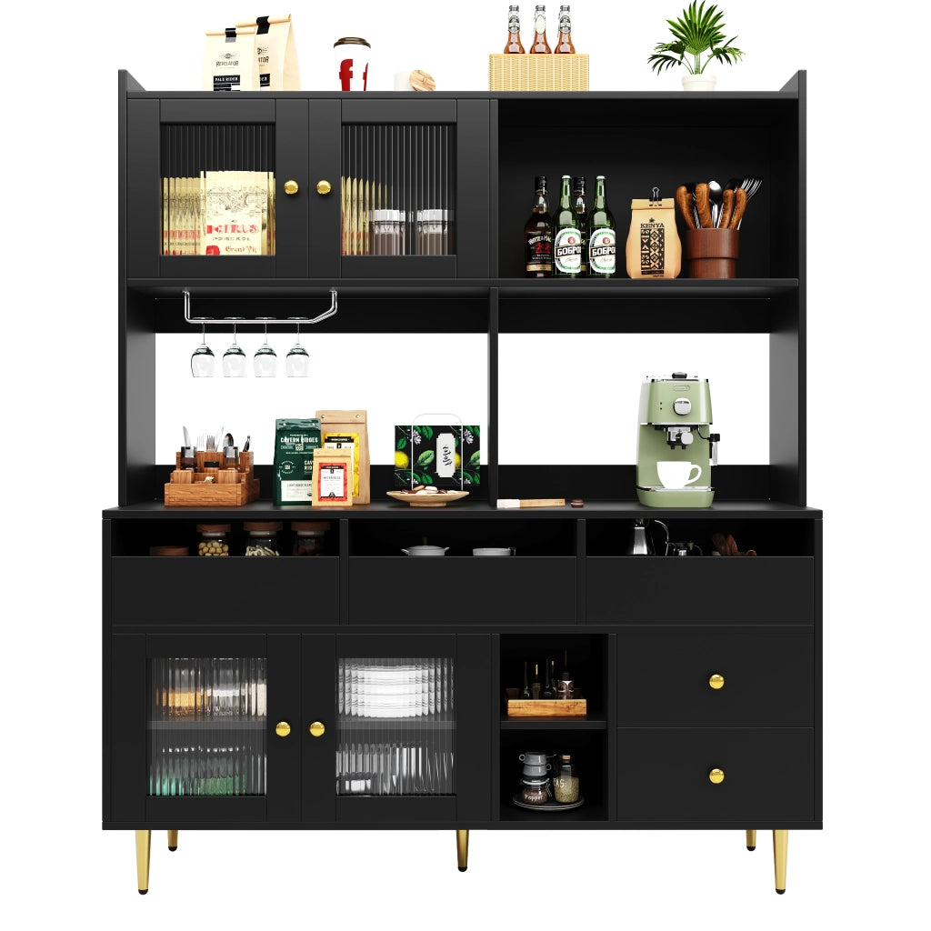 Credenza Alta da Pranzo con Ante in Vetro e Portabicchieri ¨C MINIMAL ¨C Nero con Decoro Oro 145x39x171