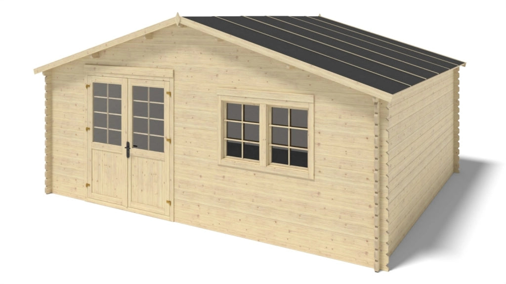 Casetta da giardino in legno con veranda e tettoia - 42m2 - 6x5m - 40mm - colore: naturale - DOM747+DOM553+DOM555+POD04 - ALTANKA