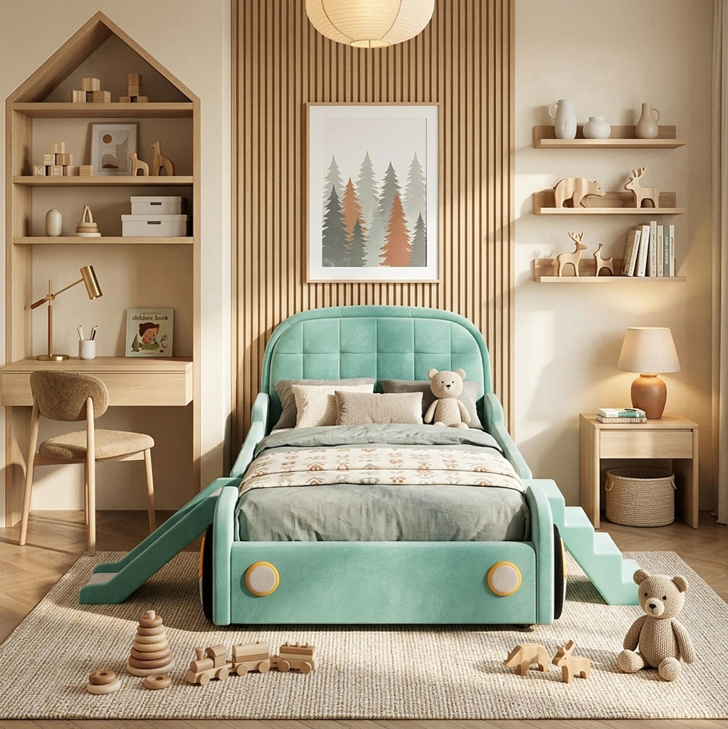 Letto per bambini a forma di auto con scivolo e scala, montaggio sinistro/destro, imbottito blu-verde, 90x200 cm