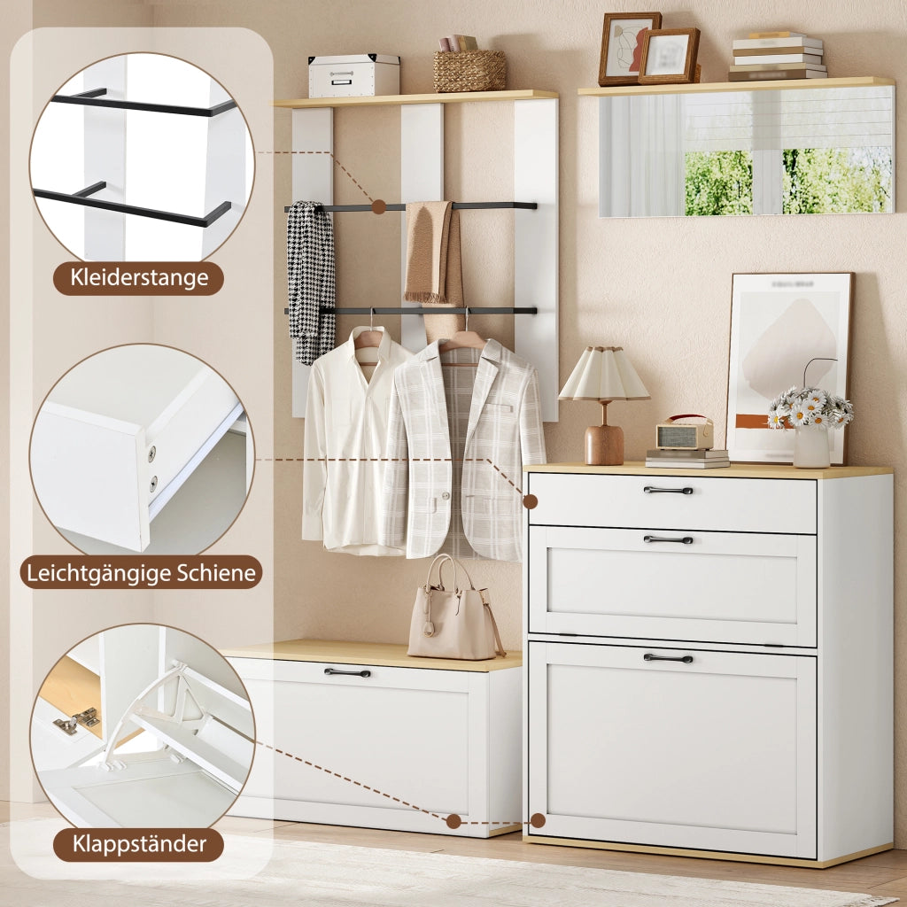 Mobili da ingresso modulari con scarpiera a ribalta, cassetto, specchio e appendiabiti per ingresso 156 × 36 × 176 cm