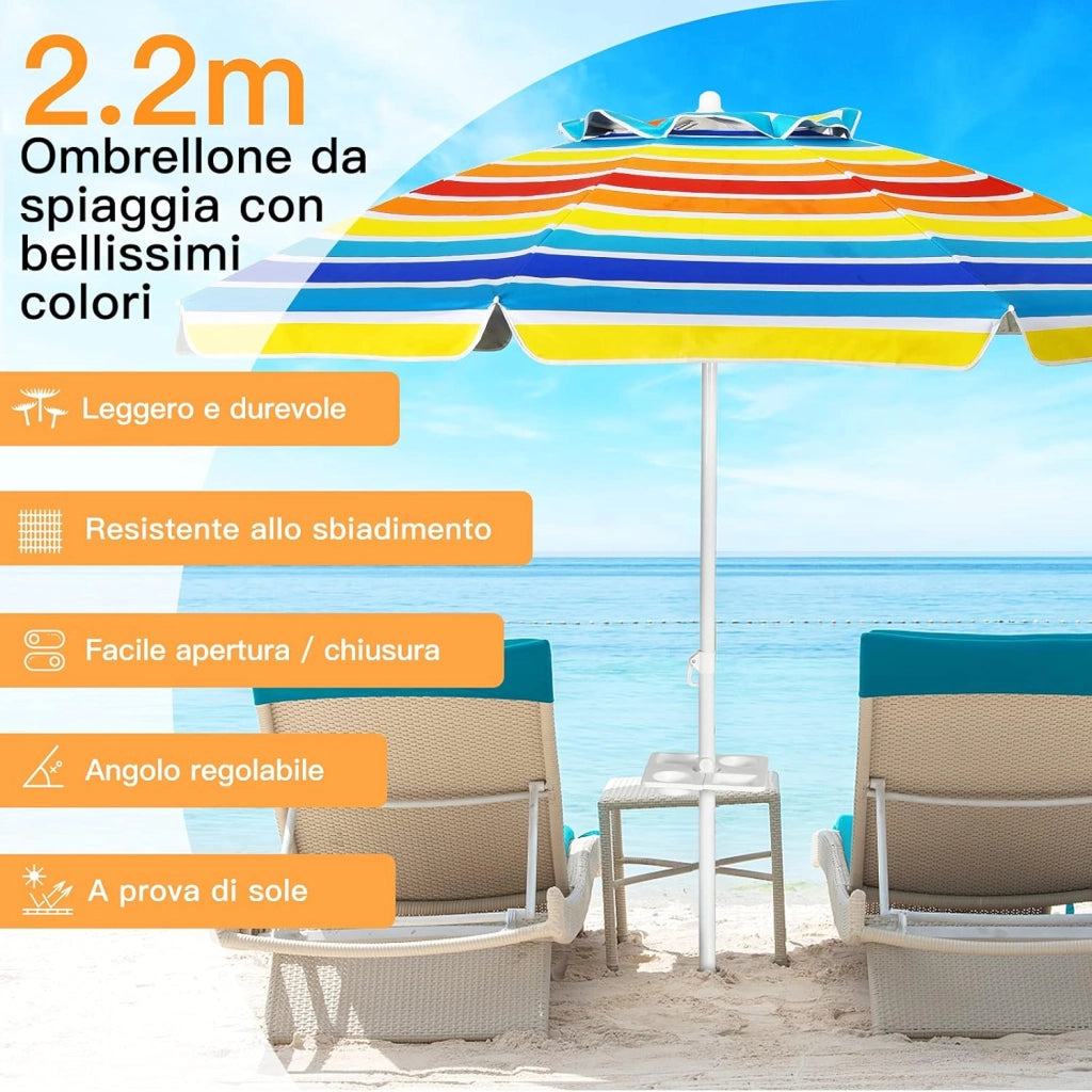 Ombrellone da Spiaggia 200 x 220 cm, Ombrellone da Mare con Inclinazione Regolabile, con Vassoio, 8 Stecche, Protezione UV, Impermeabile, Borsa di Trasporto (Colorato)
