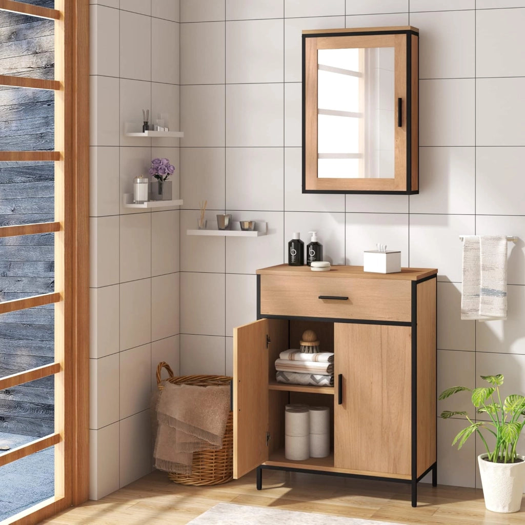 Mobile per Bagno da Terra, Armadietto da Bagno a 2 Ante in Legno e Metallo, Mobiletto Salvaspazio con Cassetto e Ripiano Regolabile, Stile Industriale, Marrone e Nero, 60x30x80 cm
