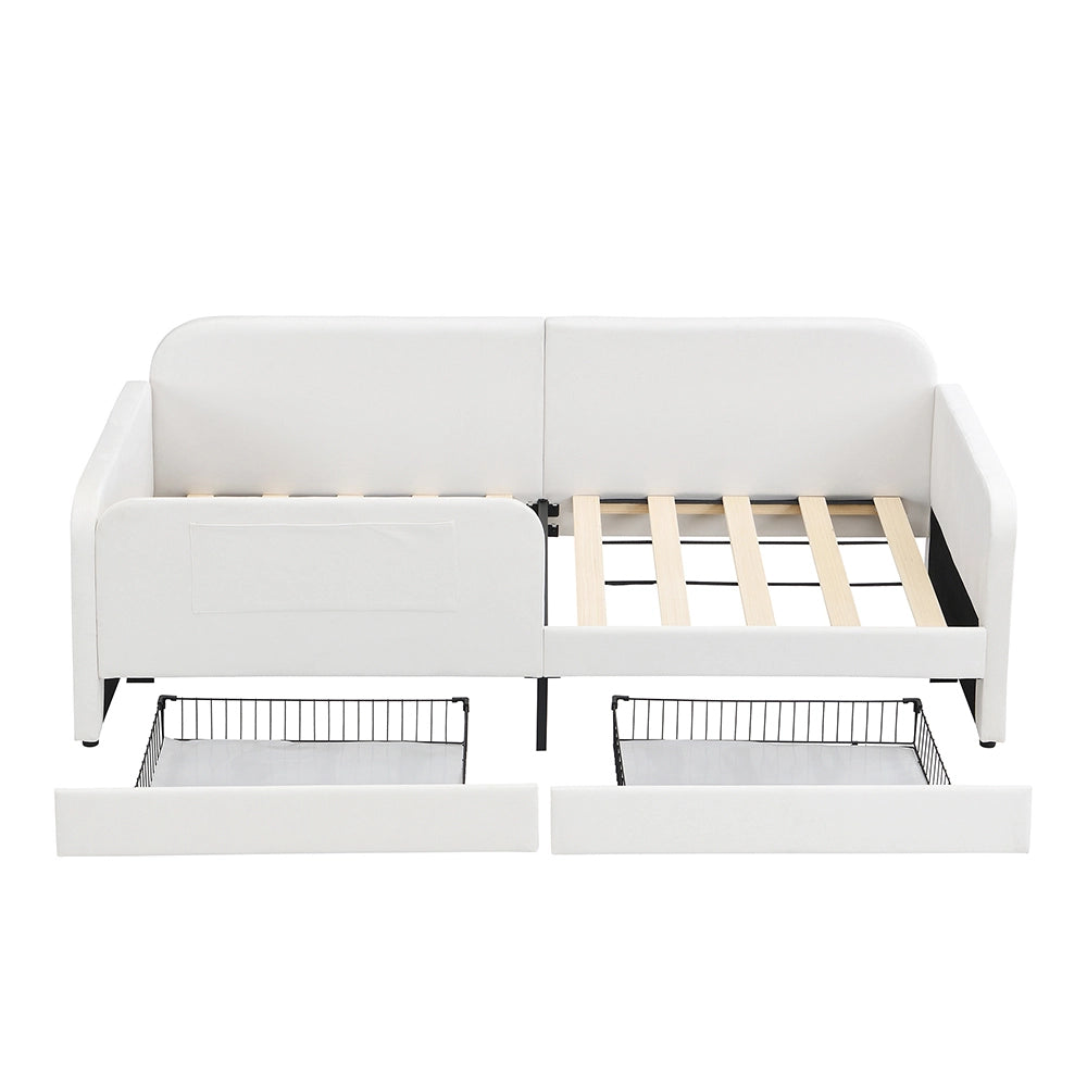 Letto bambino-Xylo-90x200 cm-3 sacchetti, 2 cassetti, velluto, MDF, bianco