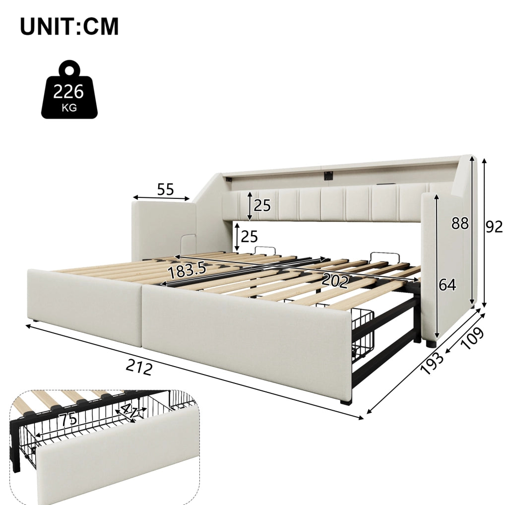 Letto 90x200 cm con USB; LED e cassetti in lino beige