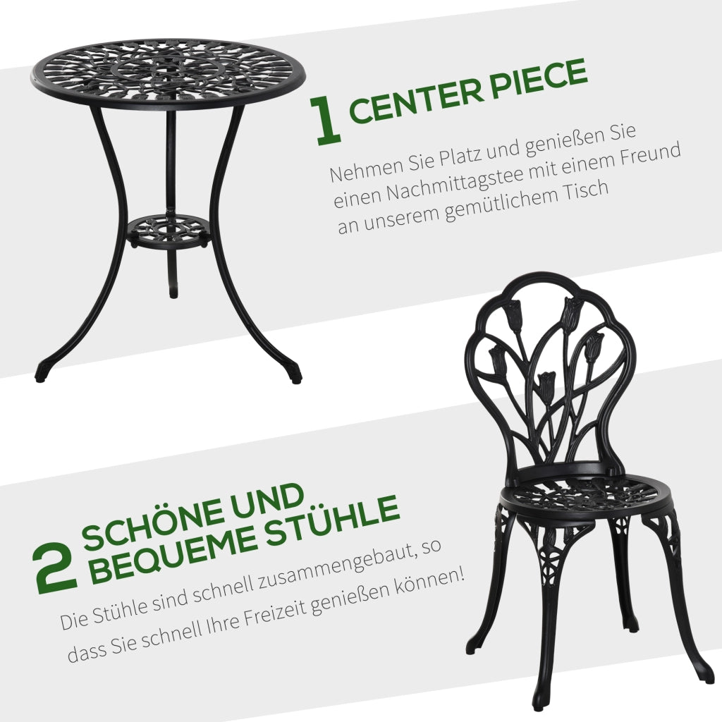 SET BISTRO TAVOLO ROTONDO Ø60 CM CON 2 SEDIE IN ALLUMINIO NERO