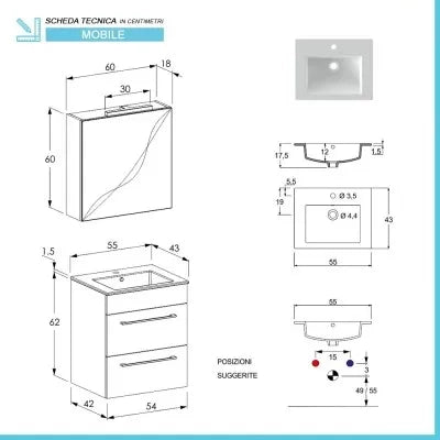 Mobile bagno sospeso 55 cm Smart olmo con lavabo e specchio contenitore