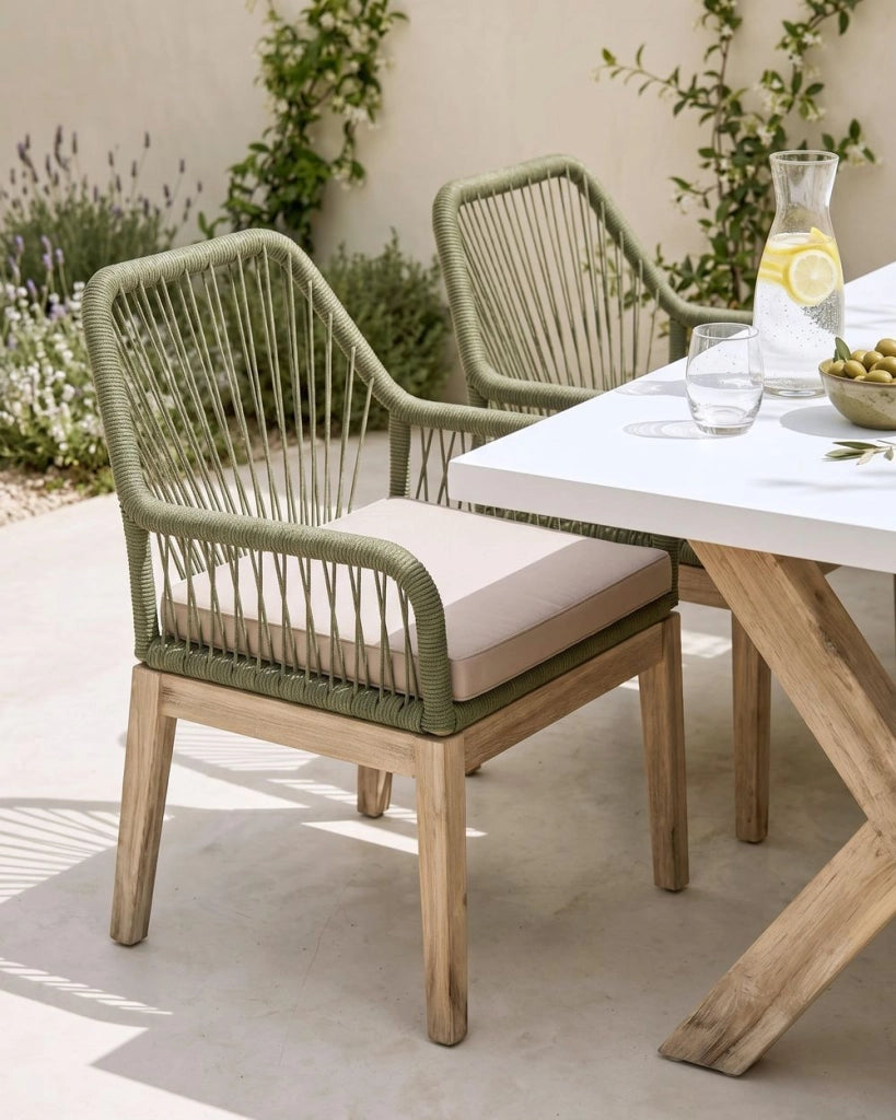 Set di 2 sedie da pranzo da esterno, struttura in polipropilene bianco e verde oliva gambe in legno di acacia, cuscini in poliestere, design moderno, rivestimenti sfoderabili, intreccio in corda