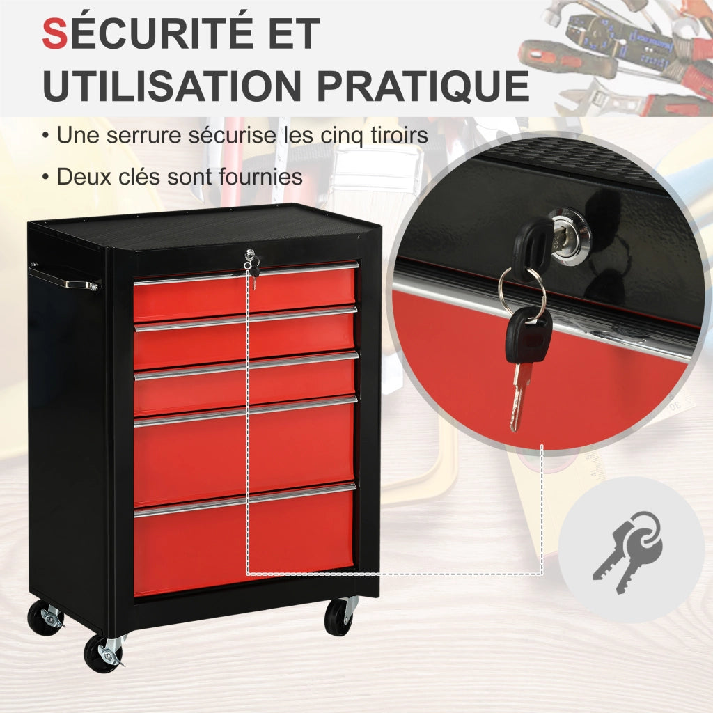Carrello per attrezzi 5 cassetti ¨C zephmum ¨C 61.5x33x82.5 cm rosso