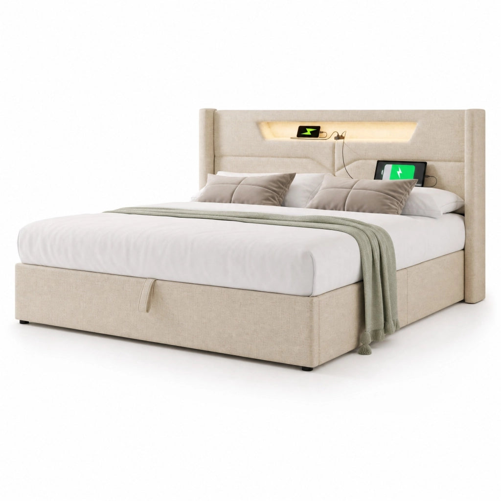 Letto matrimoniale contenitore 160x200 cm con LED; USB e USB-C in tessuto beige