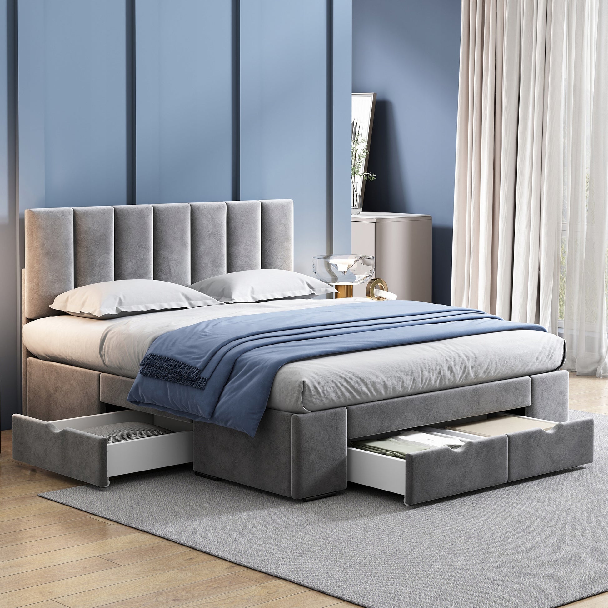 Letto matrimoniale 140x200cm - Xylo - Velluto, 4 cassetti, struttura, grigio