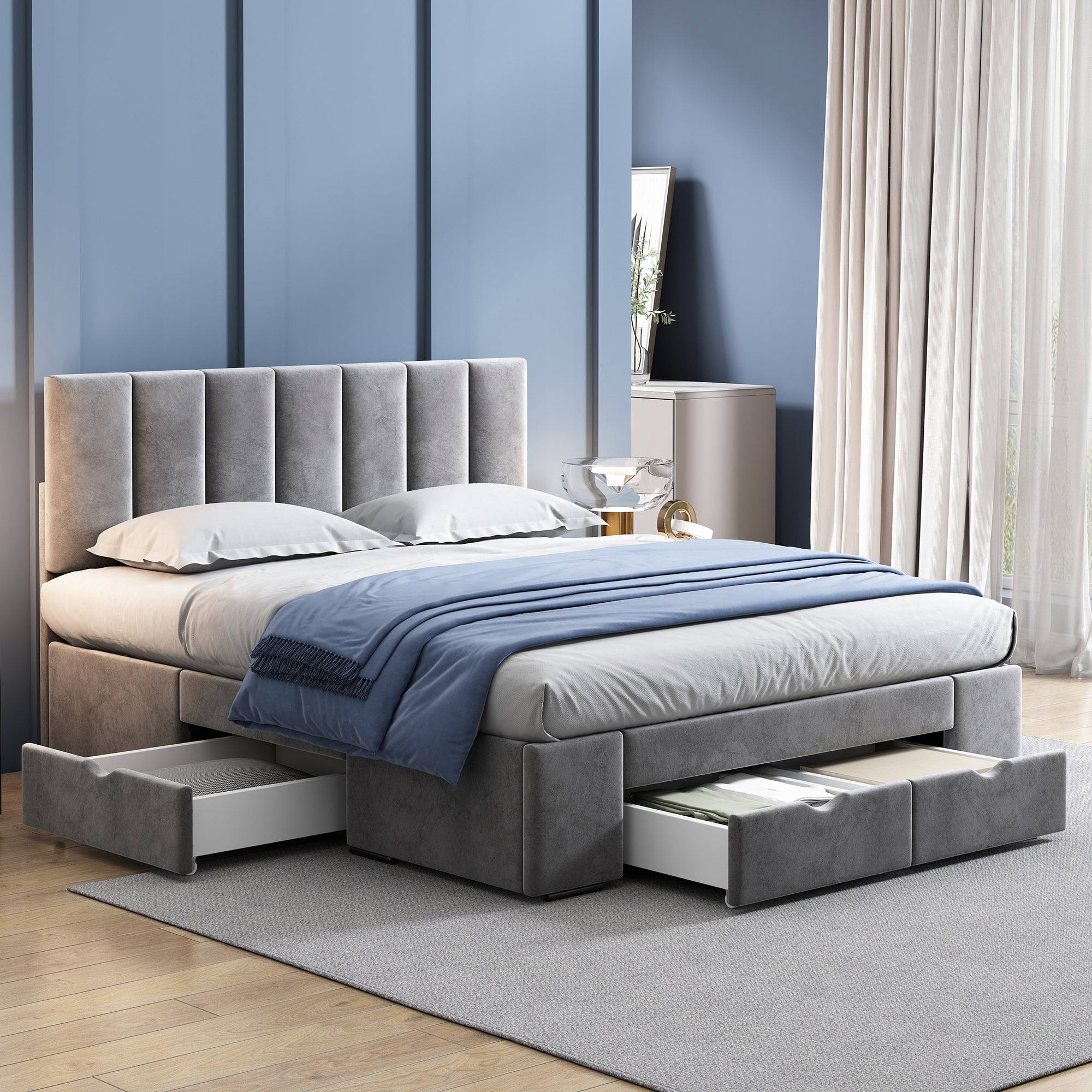 Letto matrimoniale 140x200cm - Xylo - Velluto, 4 cassetti, struttura, grigio
