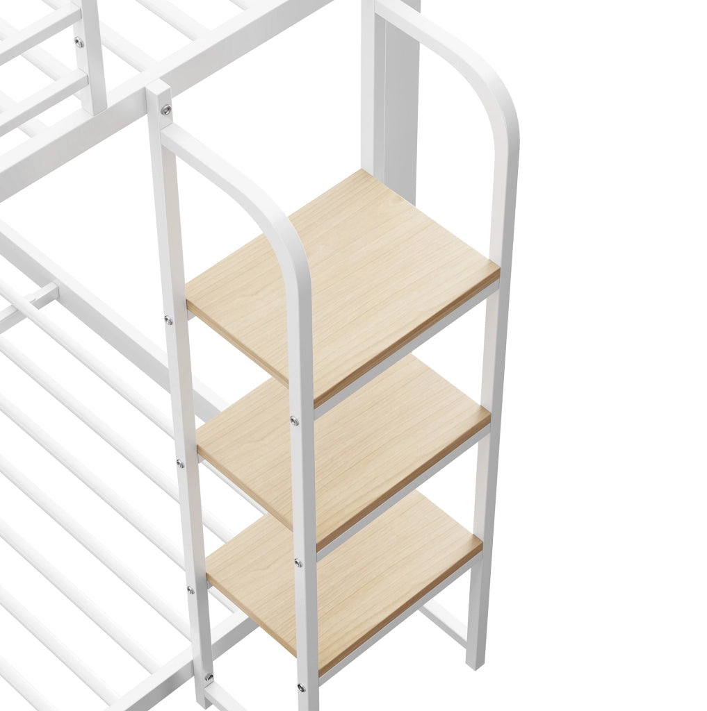 Letto a castello bianco 140x200 cm in metallo e MDF con scala in legno e struttura silenziosa