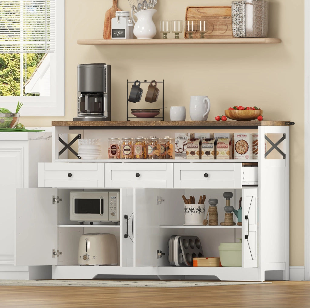 Buffet 140 cm con 3 cassetti; 2 ante e vano aperto; MDF; marrone e bianco